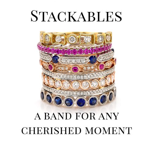 Stack of Yellow Gold, White Gold, Rose Gold, Diamond, Sapphire, and Ruby Rings